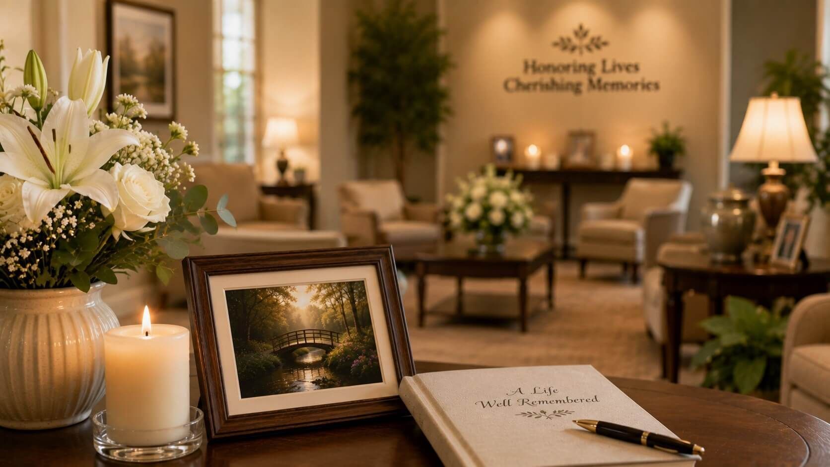 White flowers, a candle, and a remembrance book create a caring setting at Roanoke, VA funeral homes