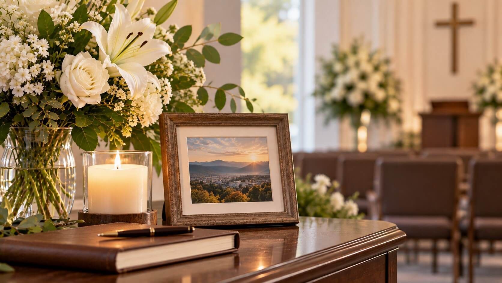 White flowers, a candle, and framed scenery bring comfort to Roanoke, VA funeral homes with care