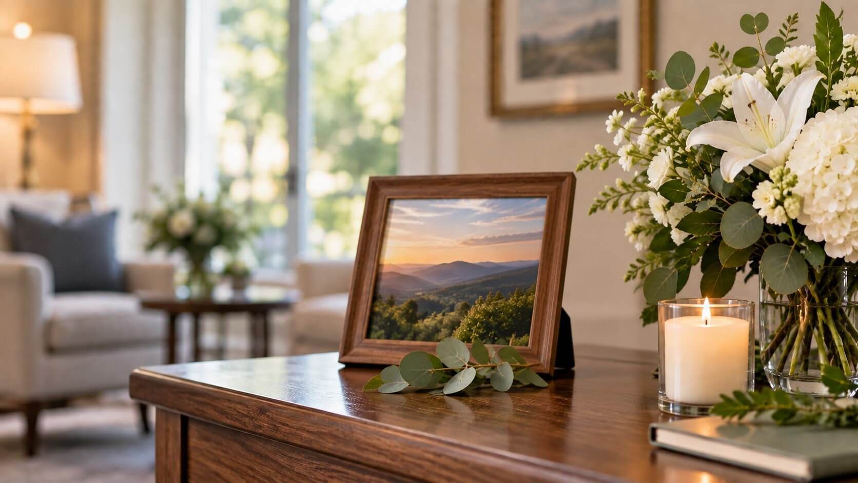White flowers, a candle, and framed scenery offer quiet comfort with Roanoke, VA cremation services