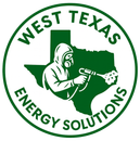 Green logo: Person in hazmat suit spraying in front of the Texas outline, "West Texas Energy Solutions."