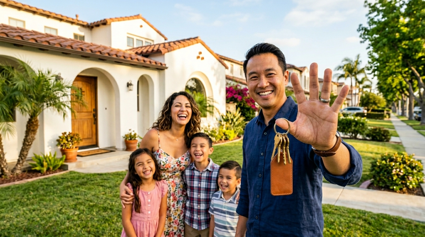 A smiling man holds up keys in front of his family and their new house on a sunny day.