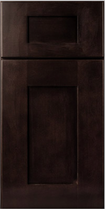 Dark brown kitchen cabinet door with a recessed panel.
