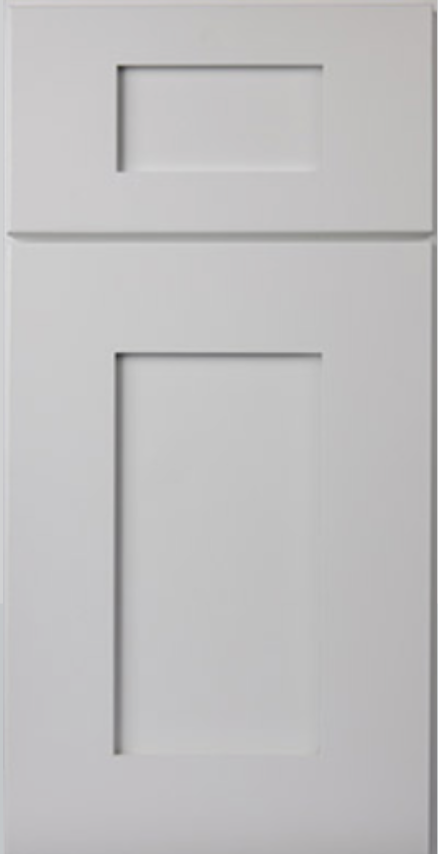 Gray shaker-style cabinet door with a recessed rectangular panel and top-mounted rectangular cutout.