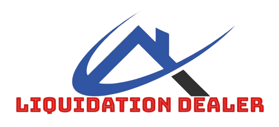 Logo of a liquidation dealer featuring a blue roof shape with an arch and text that reads "LIQUIDATION DEALER."