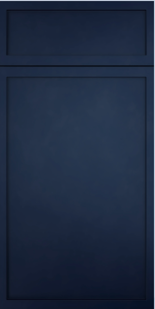 Dark blue cabinet door with recessed paneling.