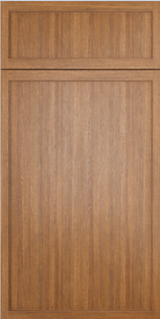 Wooden cabinet door with raised panel and horizontal upper section.