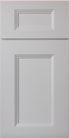 Light gray shaker-style cabinet door with a raised panel and a smaller panel at the top.
