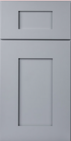 Gray shaker-style cabinet door with rectangular recessed panels, likely kitchen or bathroom.