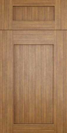 Wood cabinet door with recessed paneling.