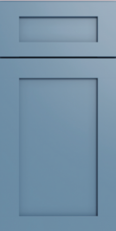 Blue cabinet door with a recessed center panel and top drawer.