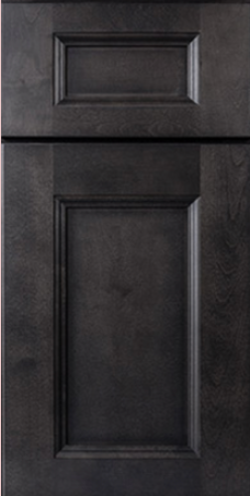 Dark gray kitchen cabinet door with a raised panel design.