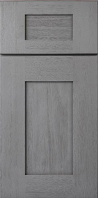 Gray wooden cabinet door with a recessed panel design.