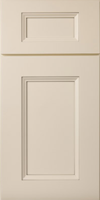 Cream-colored cabinet door with a raised panel and recessed upper panel.