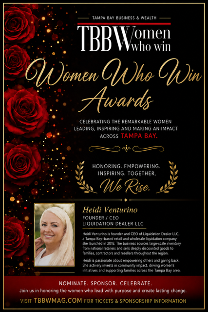 Women Who Win Awards event poster with black background, red roses, gold text, and a speaker headshot.
