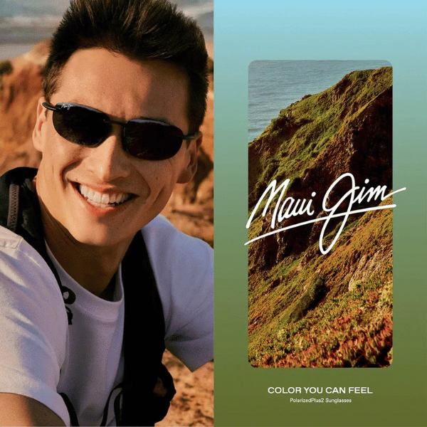 A man wearing sunglasses next to a maui jim advertisement