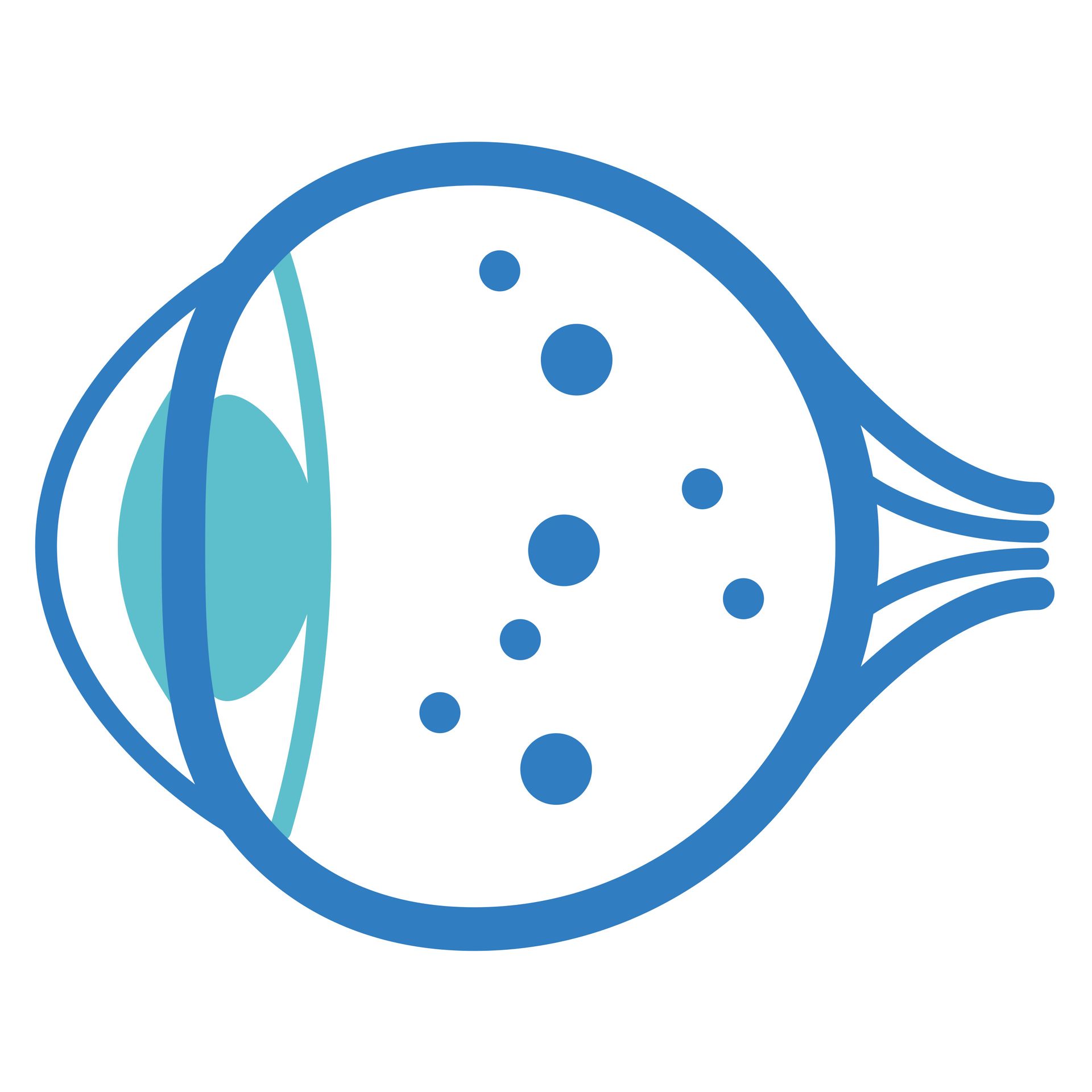 A blue icon of a human eye with spots on it.