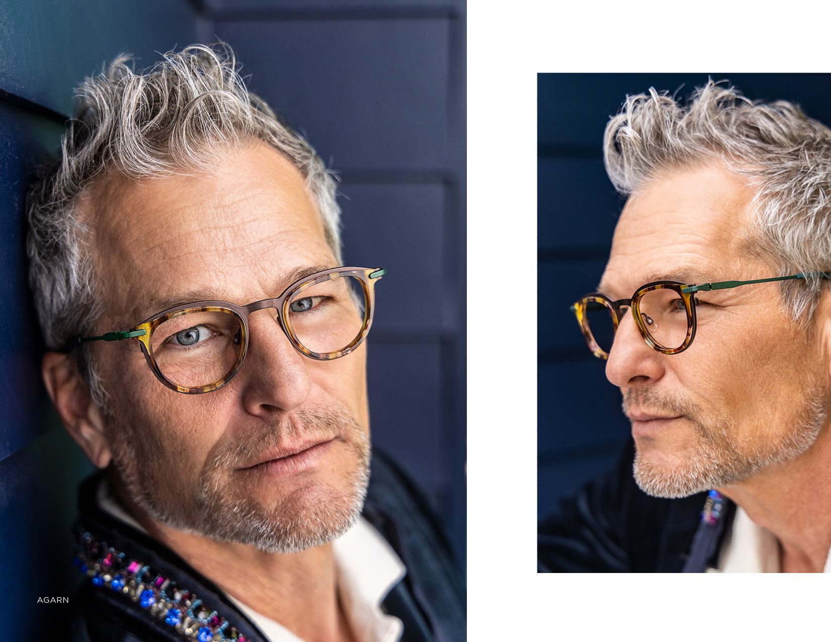 Side-by-side portraits of a man with gray hair and glasses against a dark background