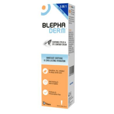 A box of blepha derm is shown on a white background