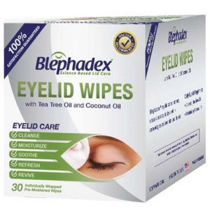 A box of blephadex eyelid wipes with tea tree oil and coconut oil