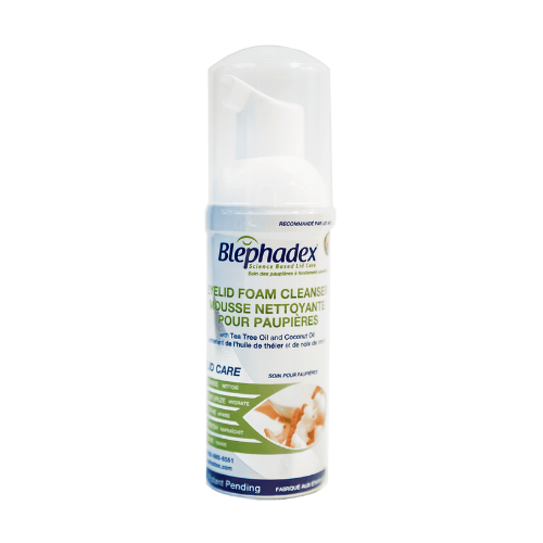 A bottle of blephadex foam cleanser on a white background
