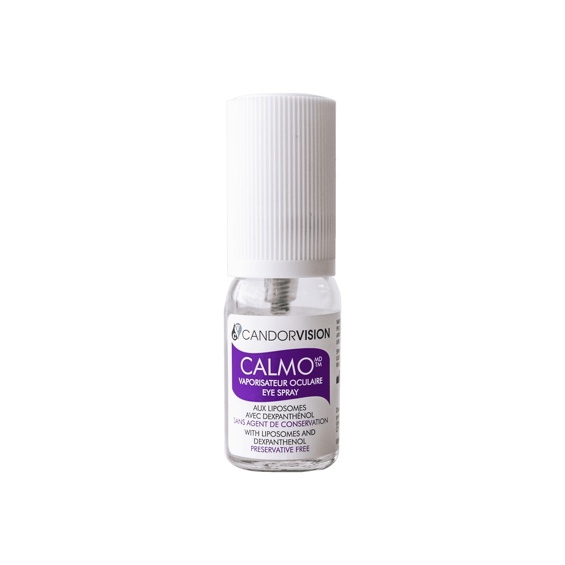 A bottle of calmo eye drops on a white background.