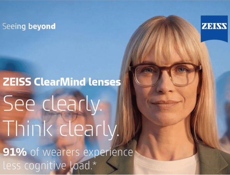 ZEISS ClearMind lenses ad with woman in glasses and text: “See clearly. Think clearly.”