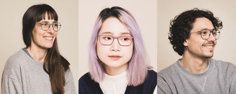 Three side-by-side portrait headshots against a beige background, each person smiling and wearing glasses.
