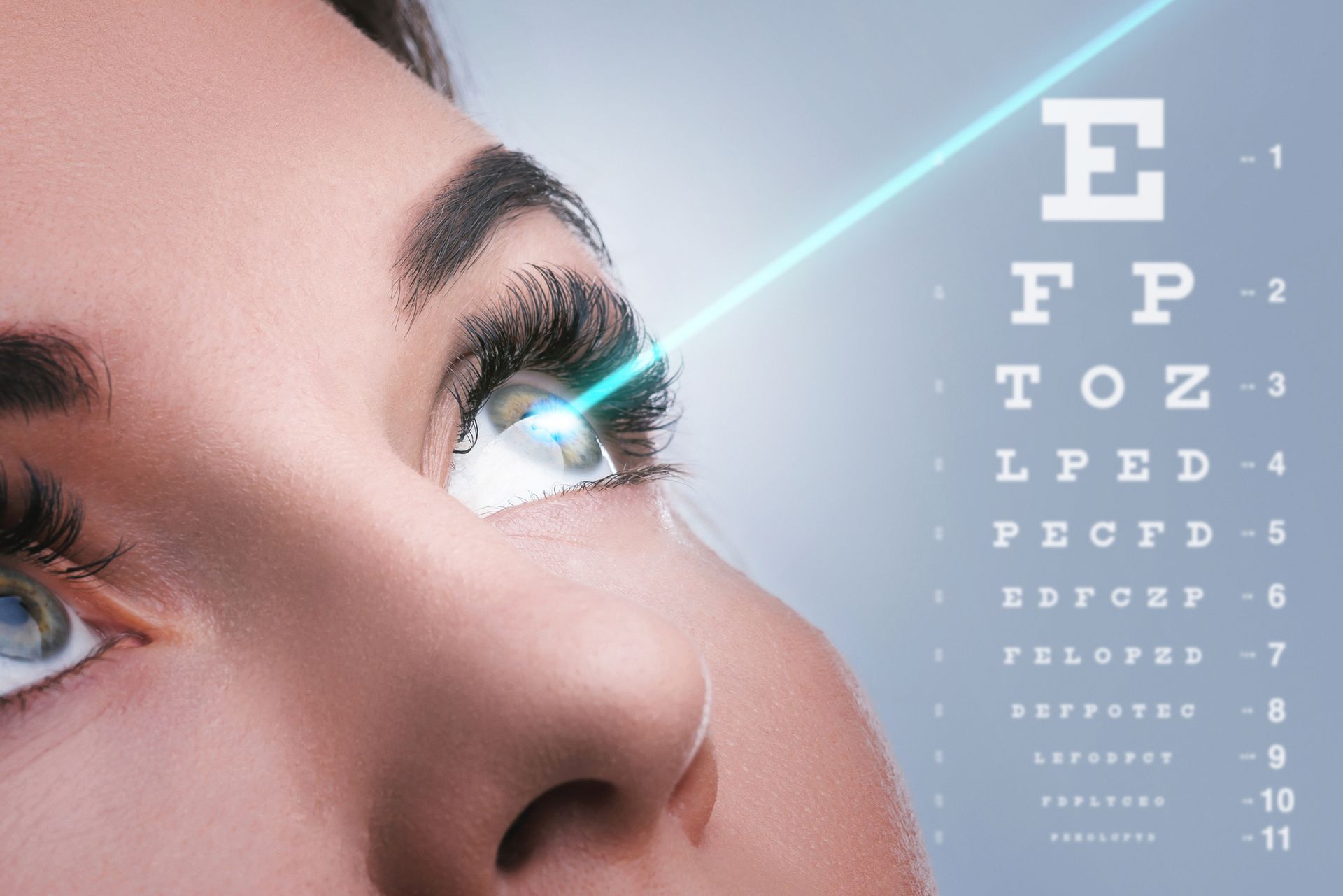 A woman is getting an eye exam with a laser in her eye.