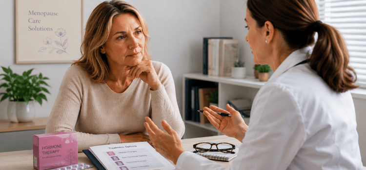 Woman in white coat consulting a patient at a desk in a medical office