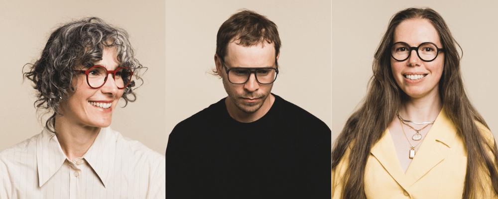 Three portrait headshots of people against a light background, wearing glasses and smiling lightly