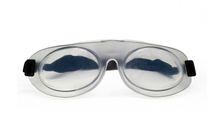 A pair of clear goggles with black straps on a white background.