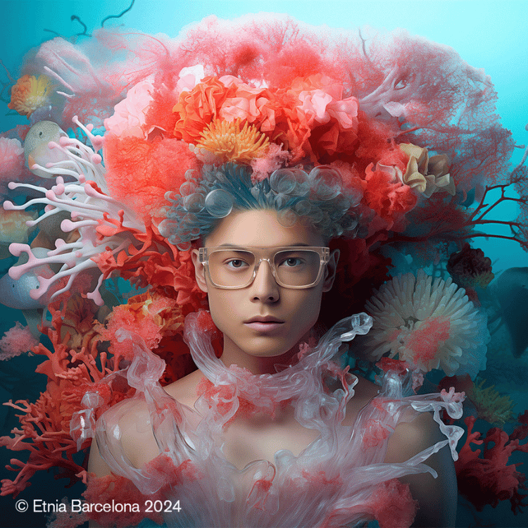 A man wearing glasses is surrounded by corals and jellyfish.