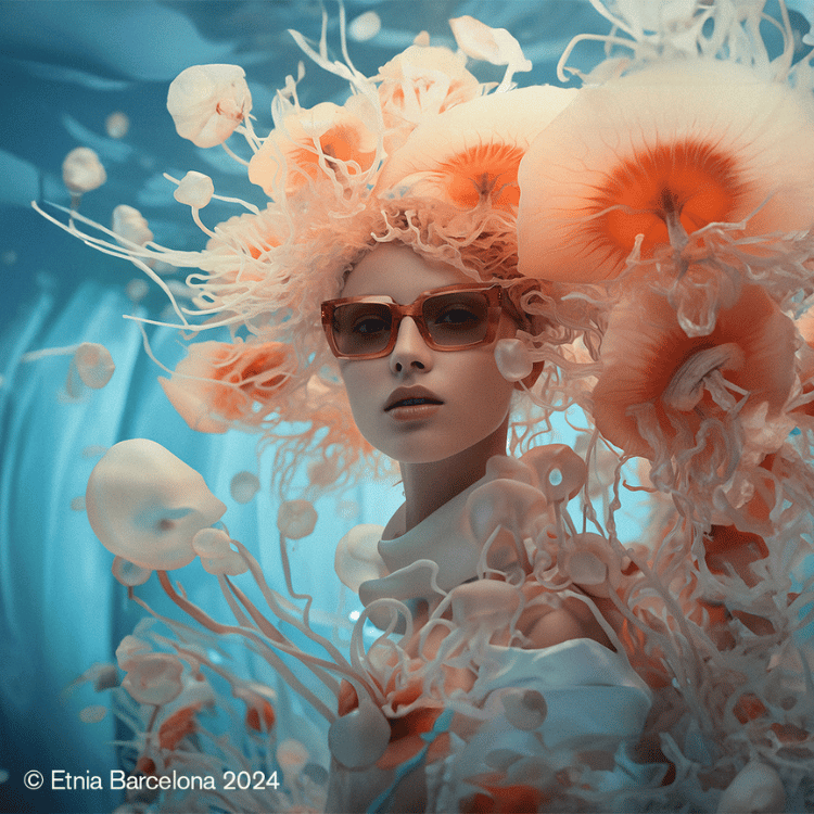 A woman is wearing sunglasses surrounded by jellyfish