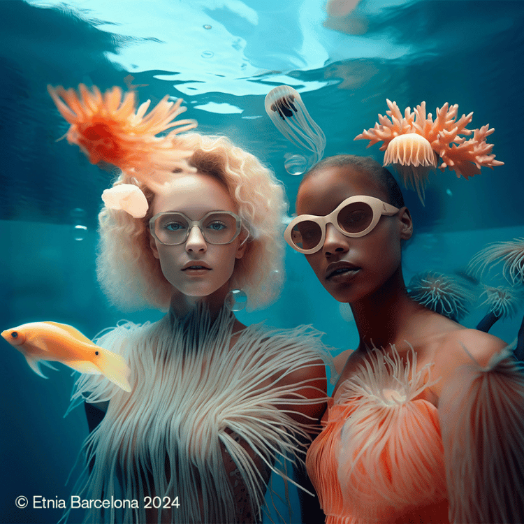 A photo of two women wearing glasses underwater
