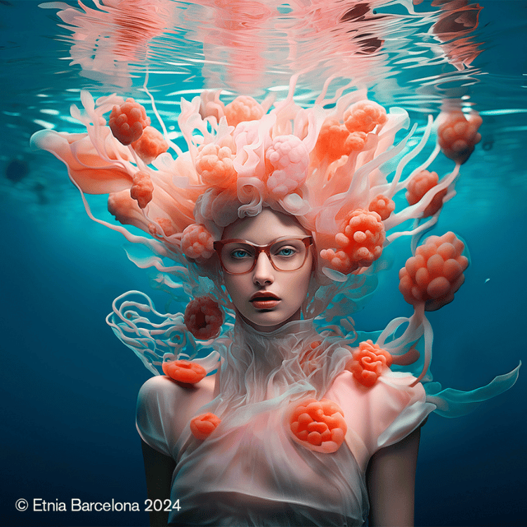 A woman wearing glasses is underwater with jellyfish in her hair