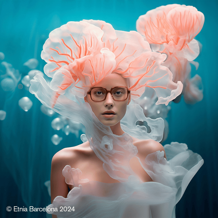 A woman with jellyfish on her head is wearing glasses