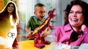 A woman and two children are playing with a toy dinosaur.