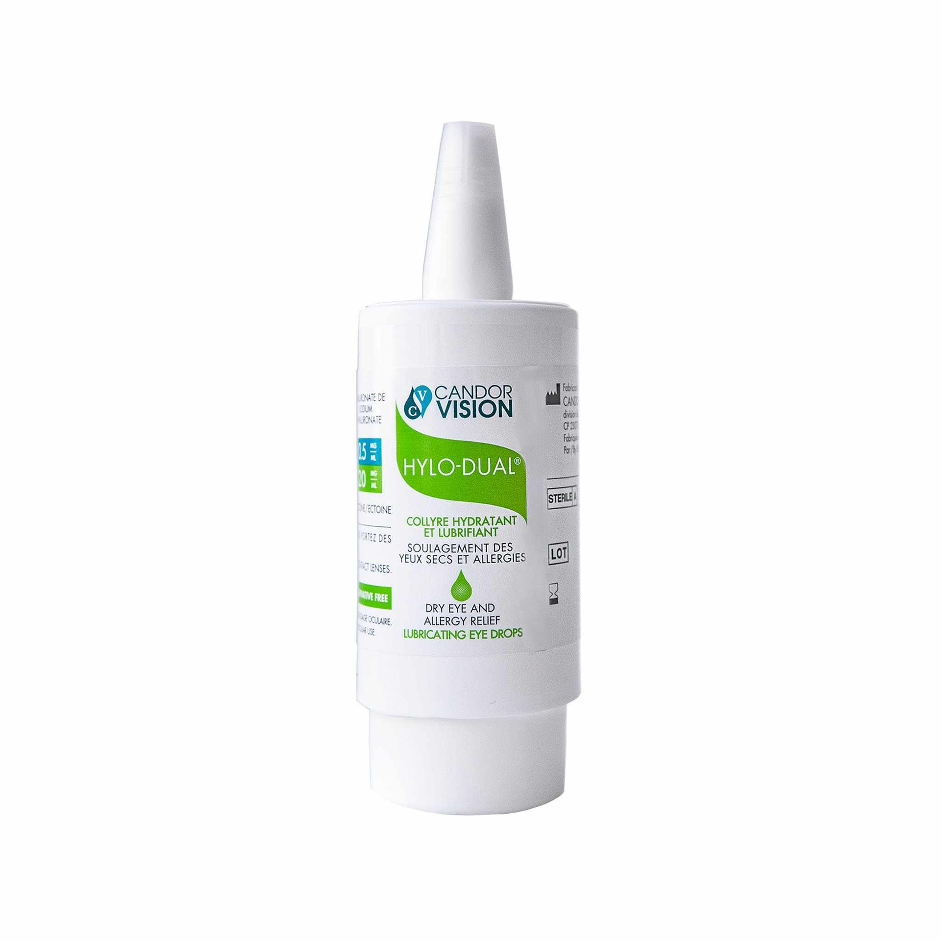 A white bottle with a green label and a white cap on a white background.
