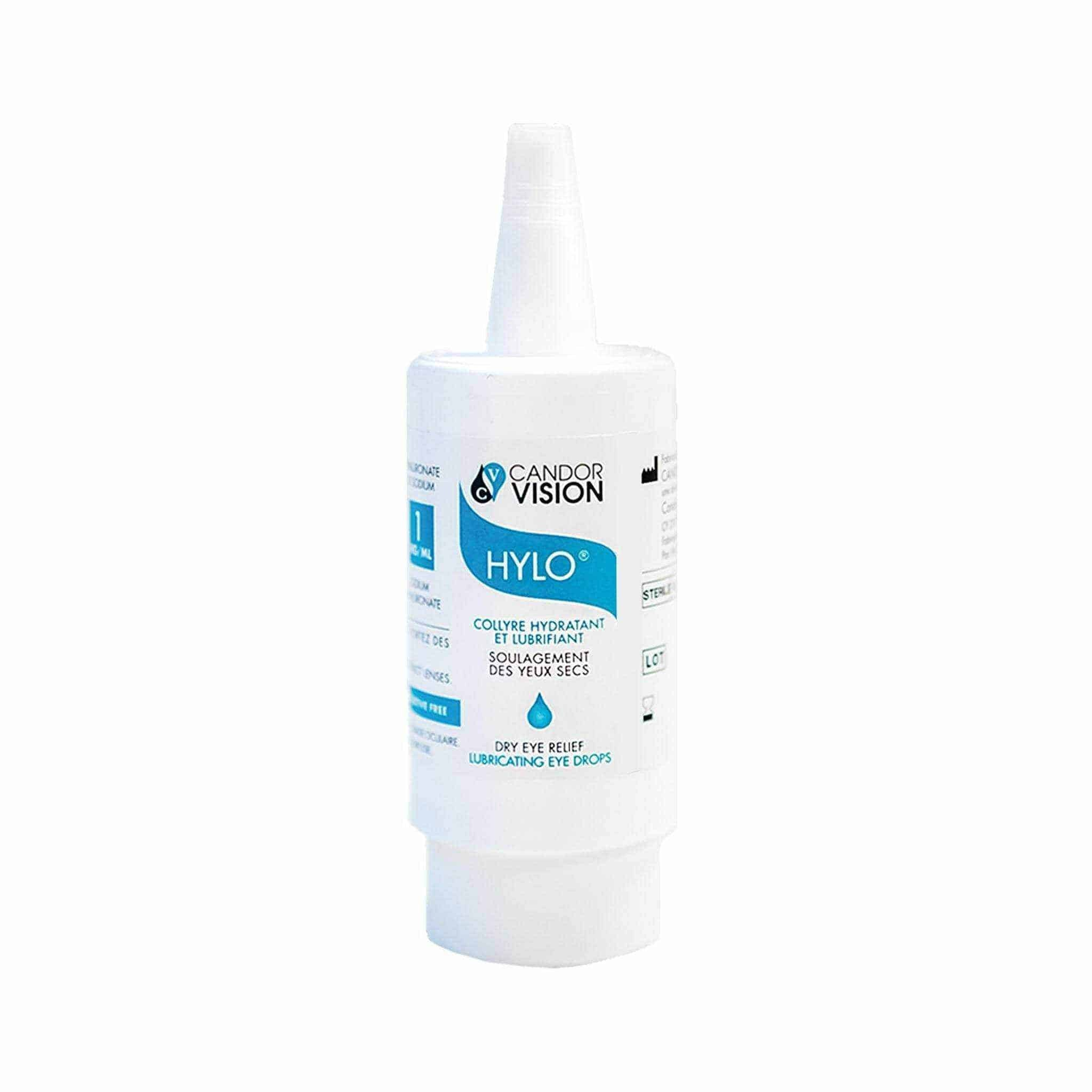 A bottle of hylo eye drops on a white background.