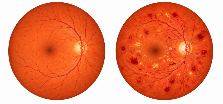 Side-by-side retinal scans: normal left eye and abnormal right eye with lesions