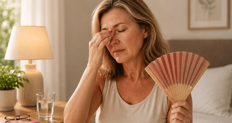 Woman holding a fan and touching her forehead on a bed, with a lamp and drink nearby.