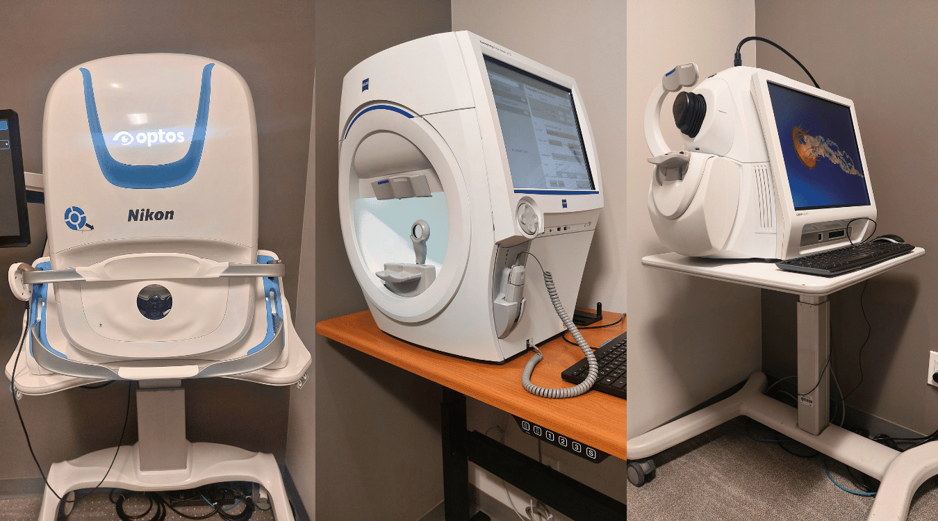 Three medical imaging devices on stands in a clinical room, including a white-and-blue ultrasound machine.
