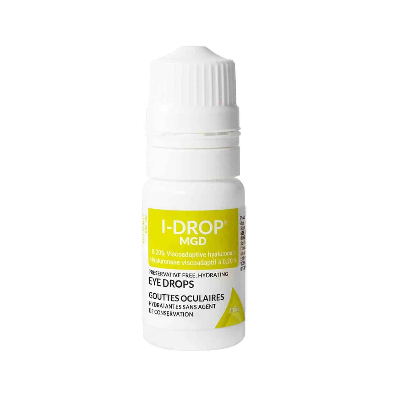 A bottle of i-drop mgd eye drops on a white background