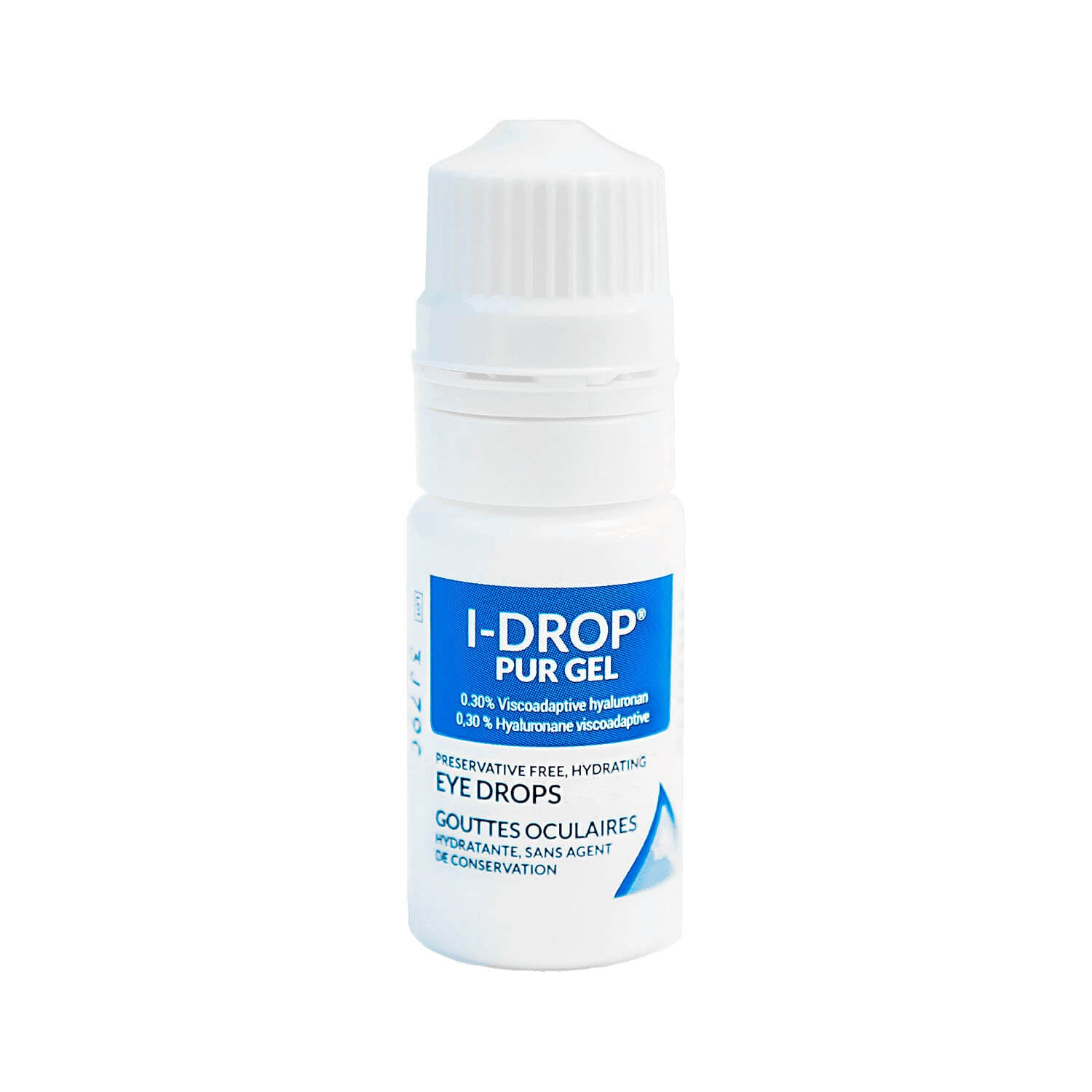 A bottle of i drop pure gel eye drops on a white background.