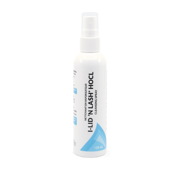 A spray bottle of i-lid n lash hocl on a white background