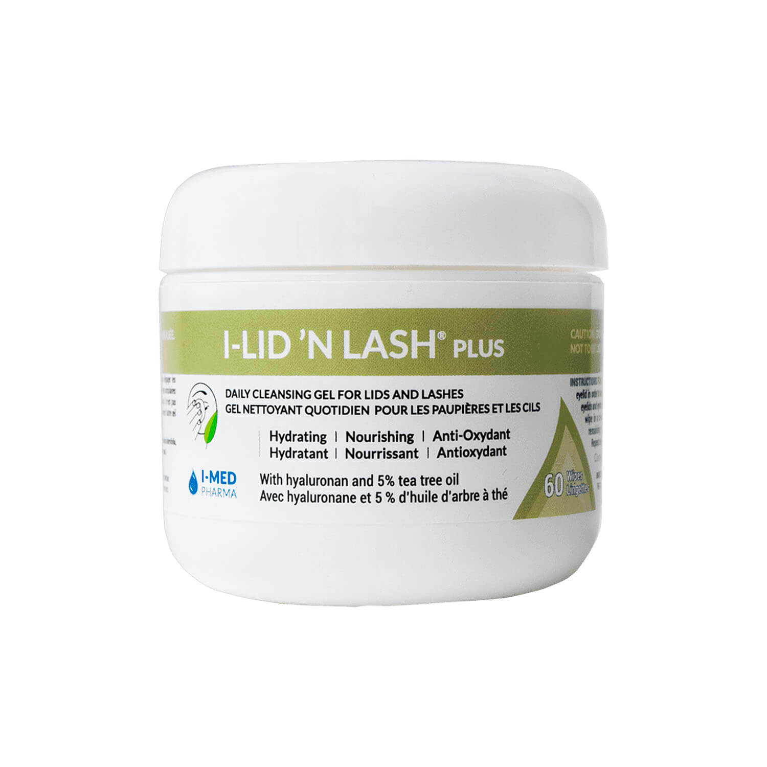 A jar of i-lid n lash plus is sitting on a white surface.