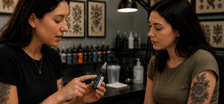 Two people discussing a smartphone in a tattoo studio, with tattoo equipment and wall art in the background