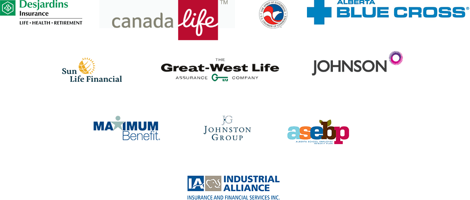 Logos of insurance and financial companies: Canada Life, Blue Cross, Great-West Life, Johnson, and others.