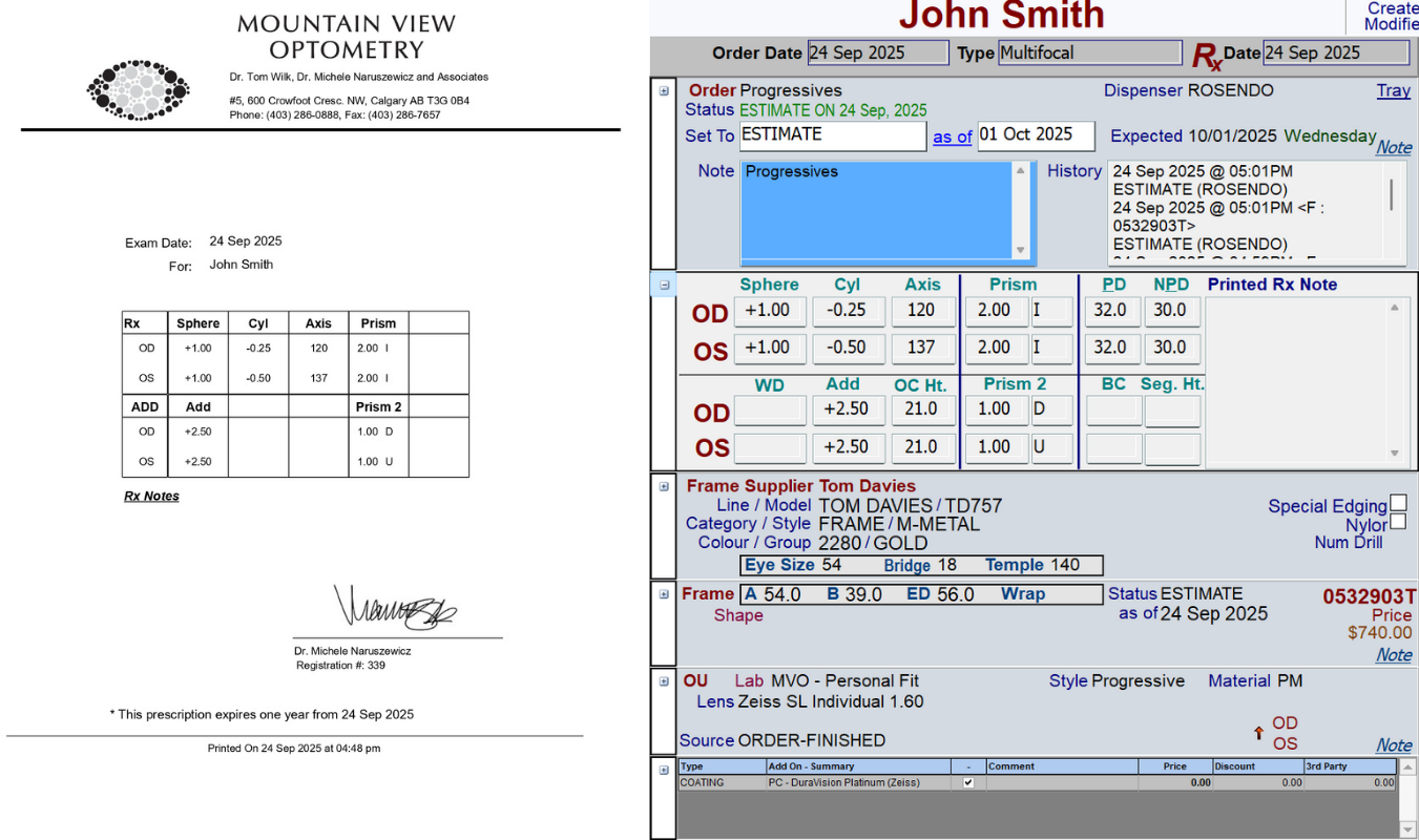 Two medical eyewear prescription documents side-by-side, one a lab report and the other an electronic patient record for John Smith.