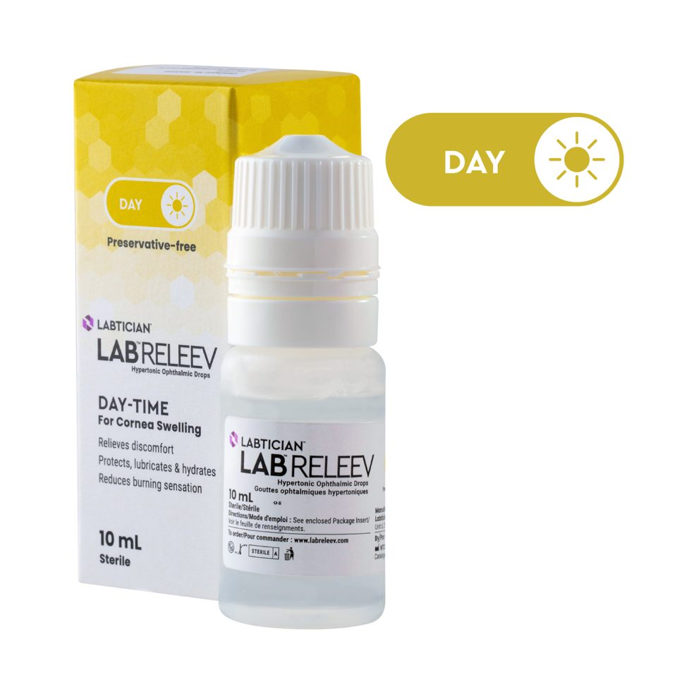 A bottle of lab releev is next to its box